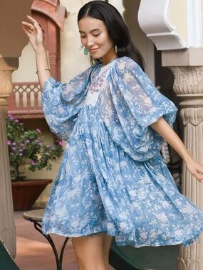 Daughters of India Jaya Mini Dress - Juniper Sz L Cotton Boho Block Print